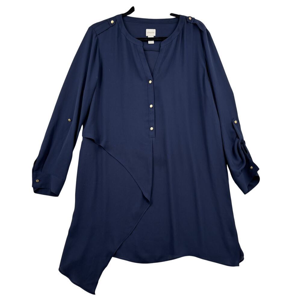 Chico's Tunic Blouse Size L Blue Longline Layered Roll Tab Sleeve Asymmetric Hem